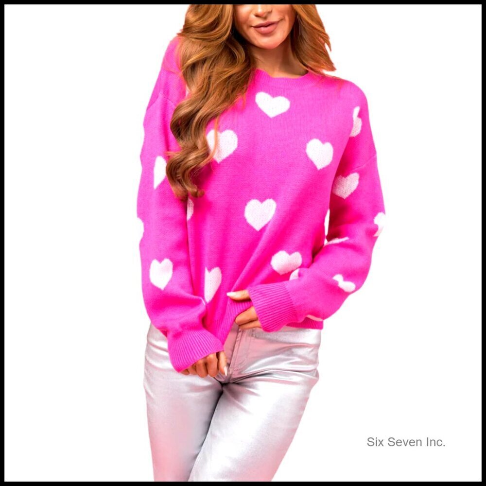 Heart Print Sweater Loose Fit Crew Neck Long Sleeve Pullover Knit Top